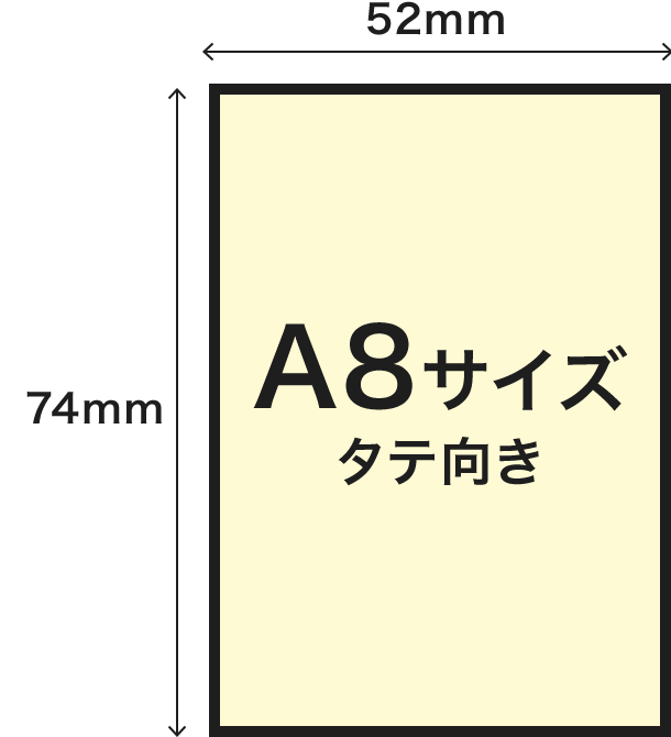 A8サイズタテ向き(寸法：52mm×74mmのイメージ)