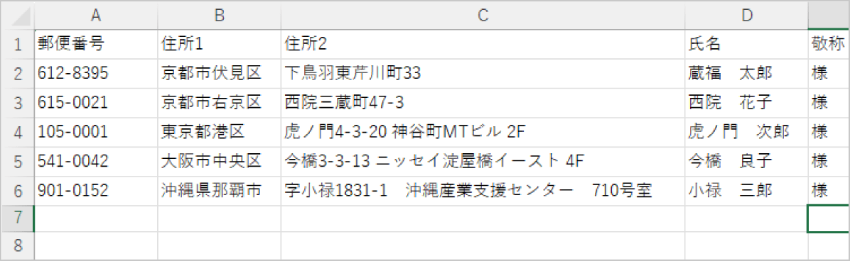 Excelファイルで宛名シールの元となるデータを作成します