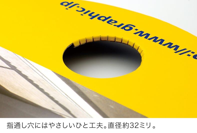 指通し穴にはやさしいひと工夫。直径約32ミリ。