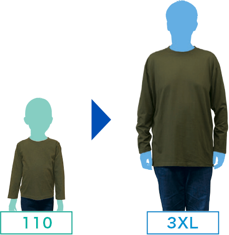 ジュニアサイズから3XLサイズまで幅広いサイズ展開