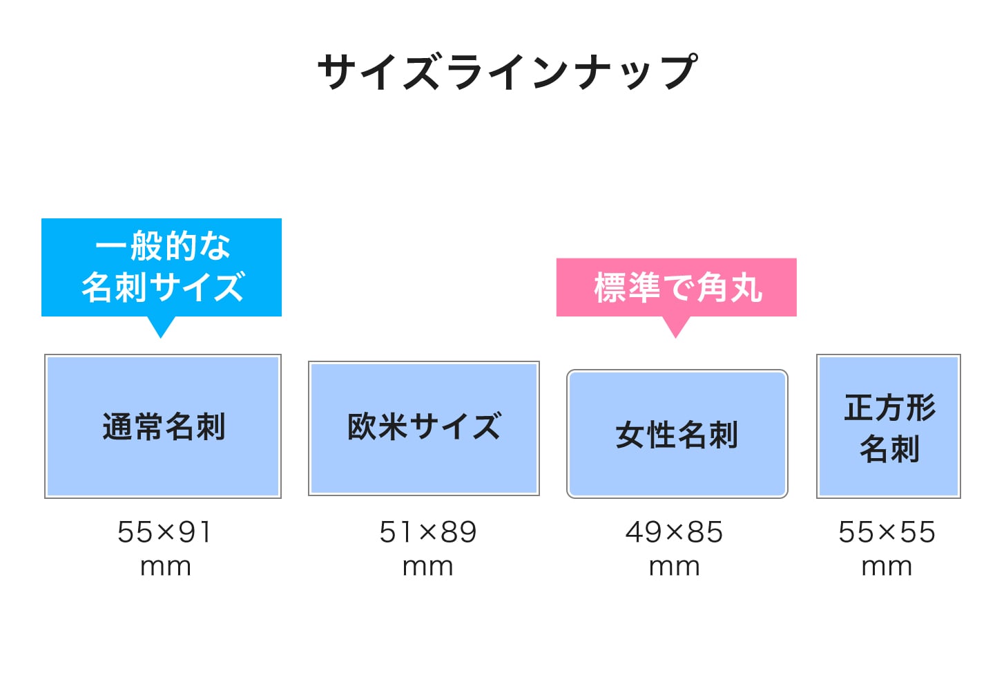 名刺のサイズラインナップイメージ